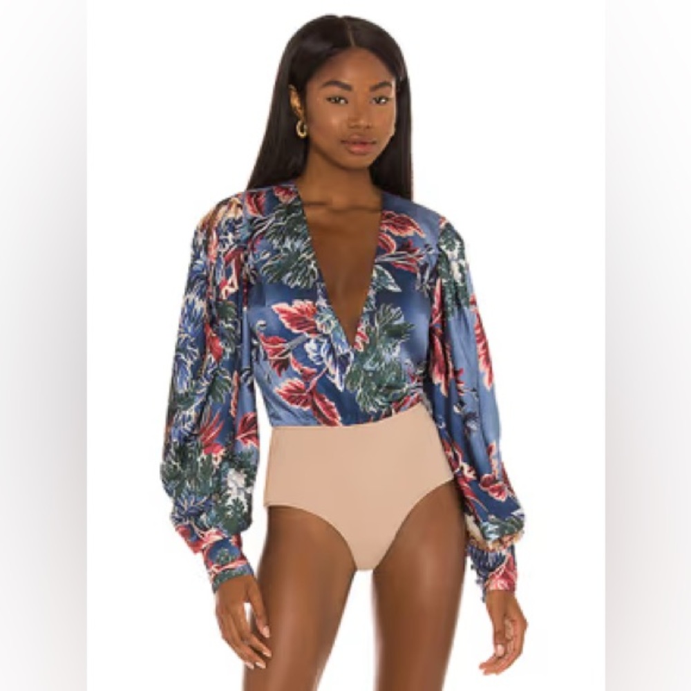 PatBo Blue Gilly Print Plunge Bodysuit